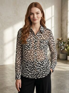 Tory Burch Black White Animal Print Cotton Blouse Flowy Top